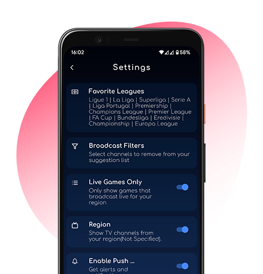 live football on tv app - settings screen